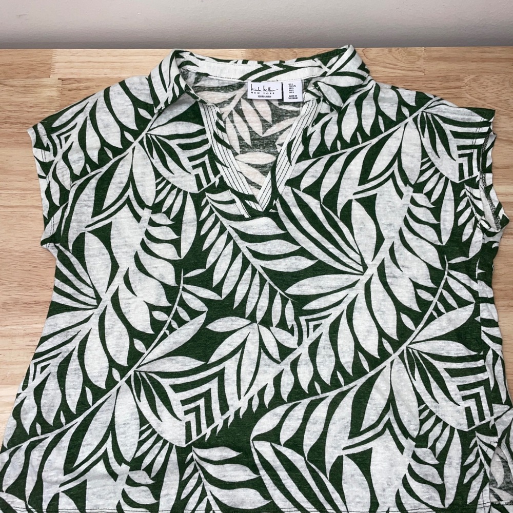 Nicole Miller New York Womens Large Green White Palm Leaf 100% Linen V-Neck Top